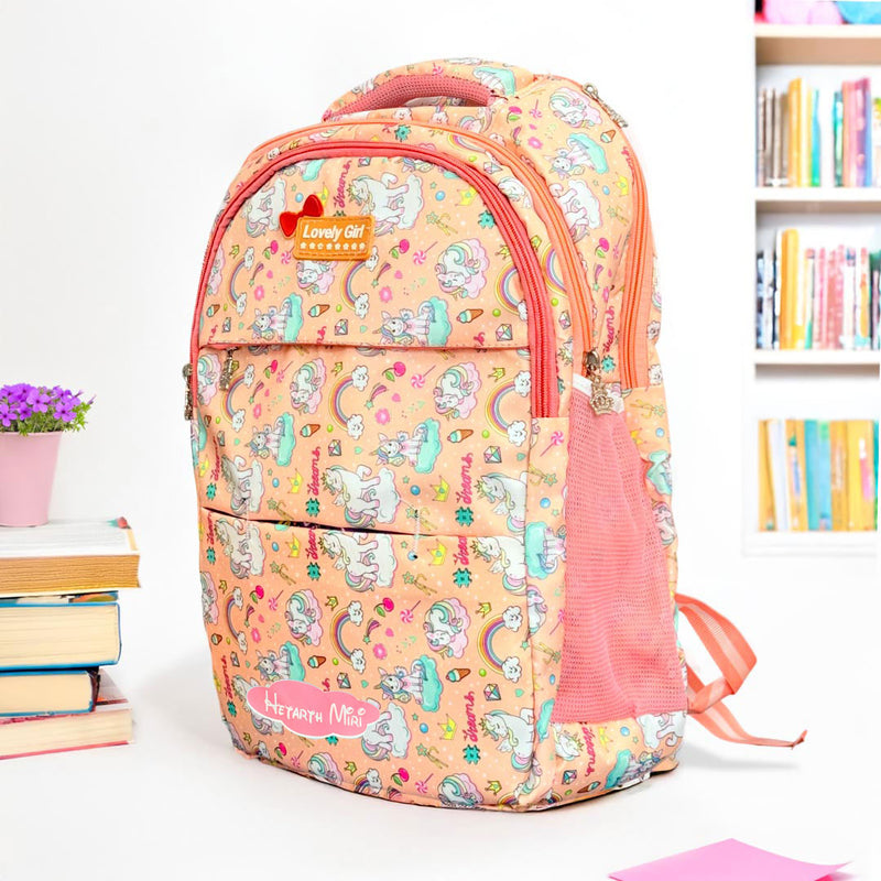 Peach Unicorn School Backpack for Girls – Cartoon Print with Multiple Compartments