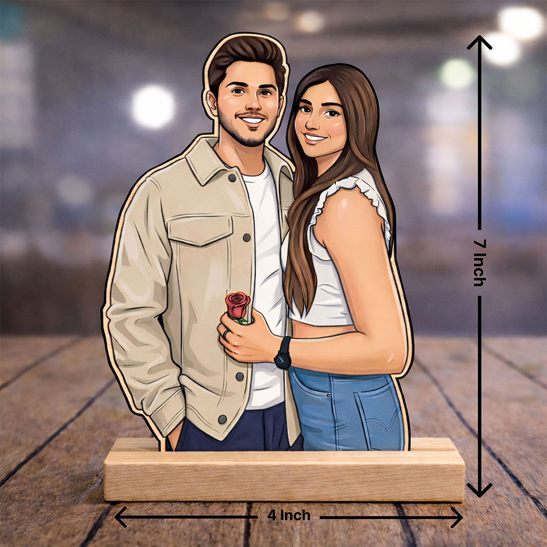 Personalized Couple Cartoon Acrylic Photo Stand with Wooden Base – Custom Picture Cutout Table Top Gift (7x4 Inch) | Love Craft Gifts