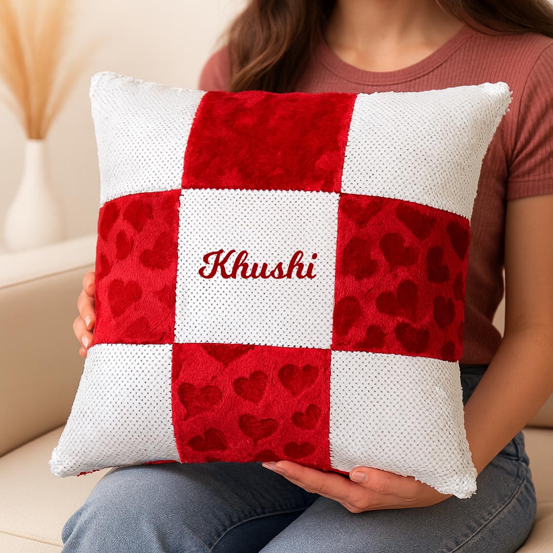 Personalized Red & White Velvet Cushion with Name Embroidery | Love Craft Gifts