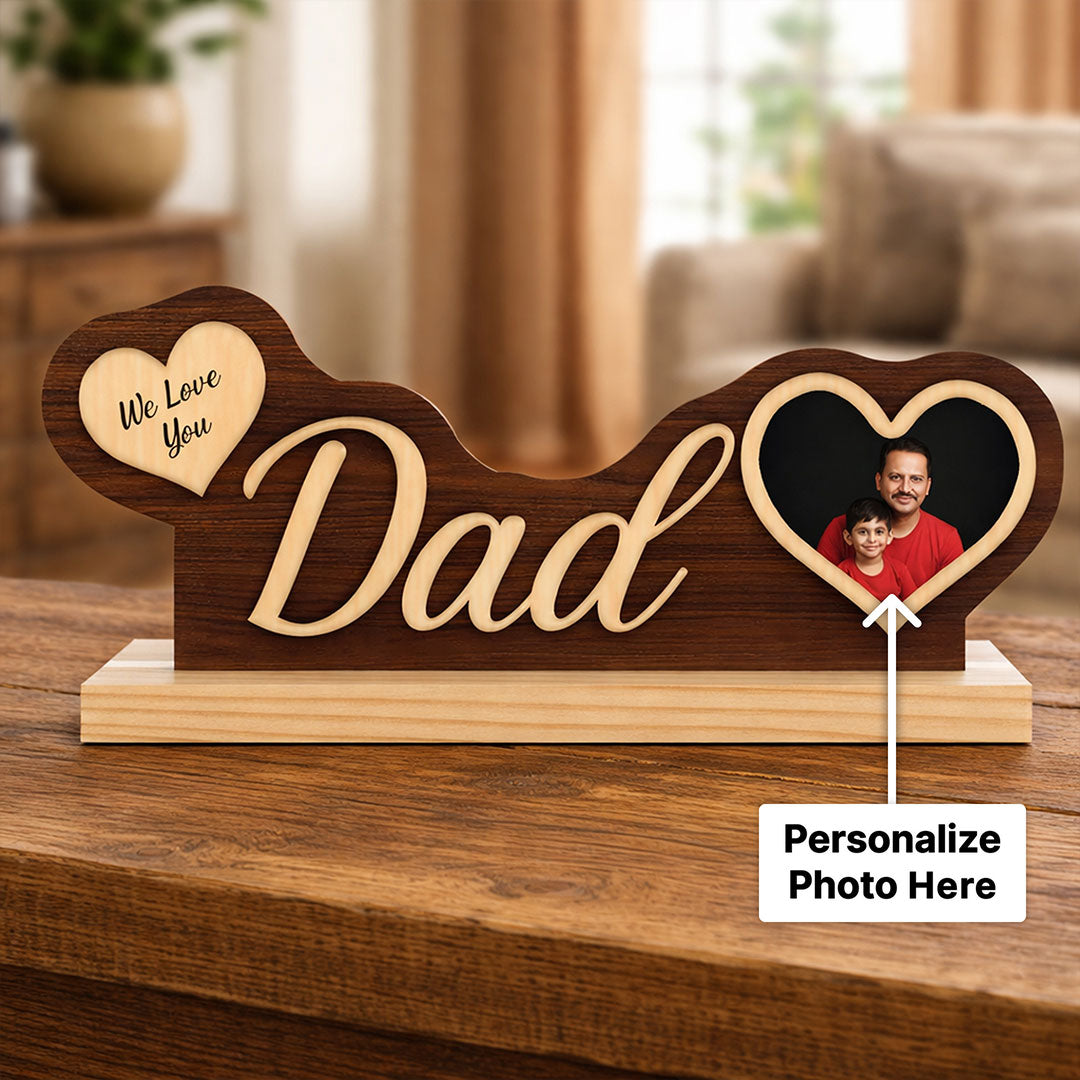 Personalized Dad Wooden Photo Stand – Custom “We Love You Dad” Heart Photo Tabletop Decor (8 x 3 Inch) | Love Craft Gifts