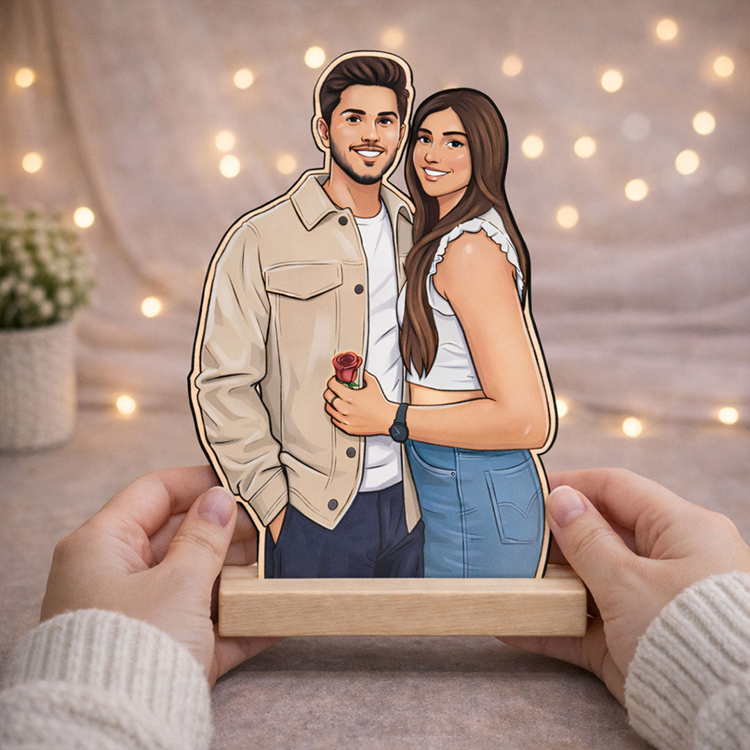 Personalized Couple Cartoon Acrylic Photo Stand with Wooden Base – Custom Picture Cutout Table Top Gift (7x4 Inch) | Love Craft Gifts