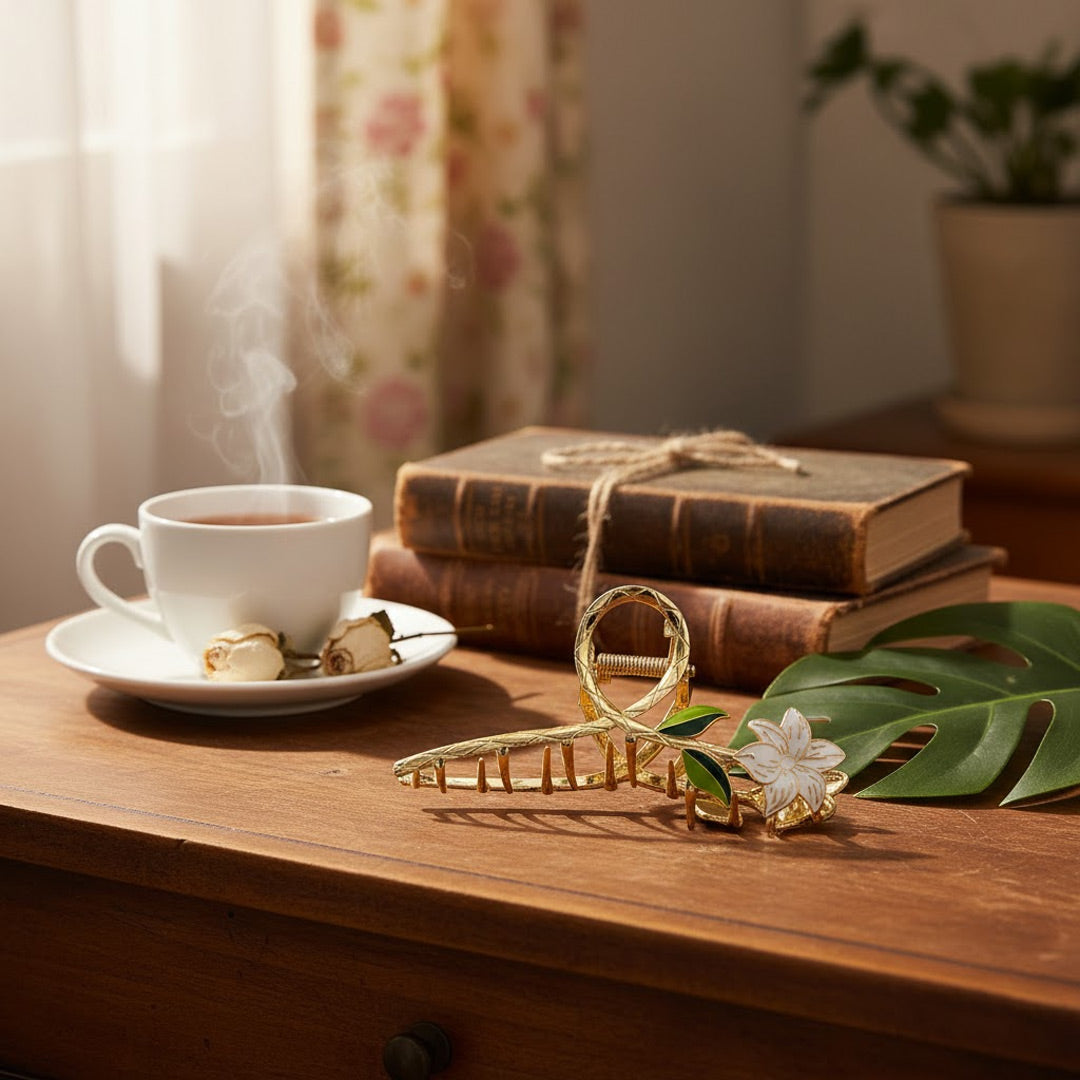 Golden Floral Hair Claw Clip for Women – Premium Metal Hair Accessory | Love Craft Gifts