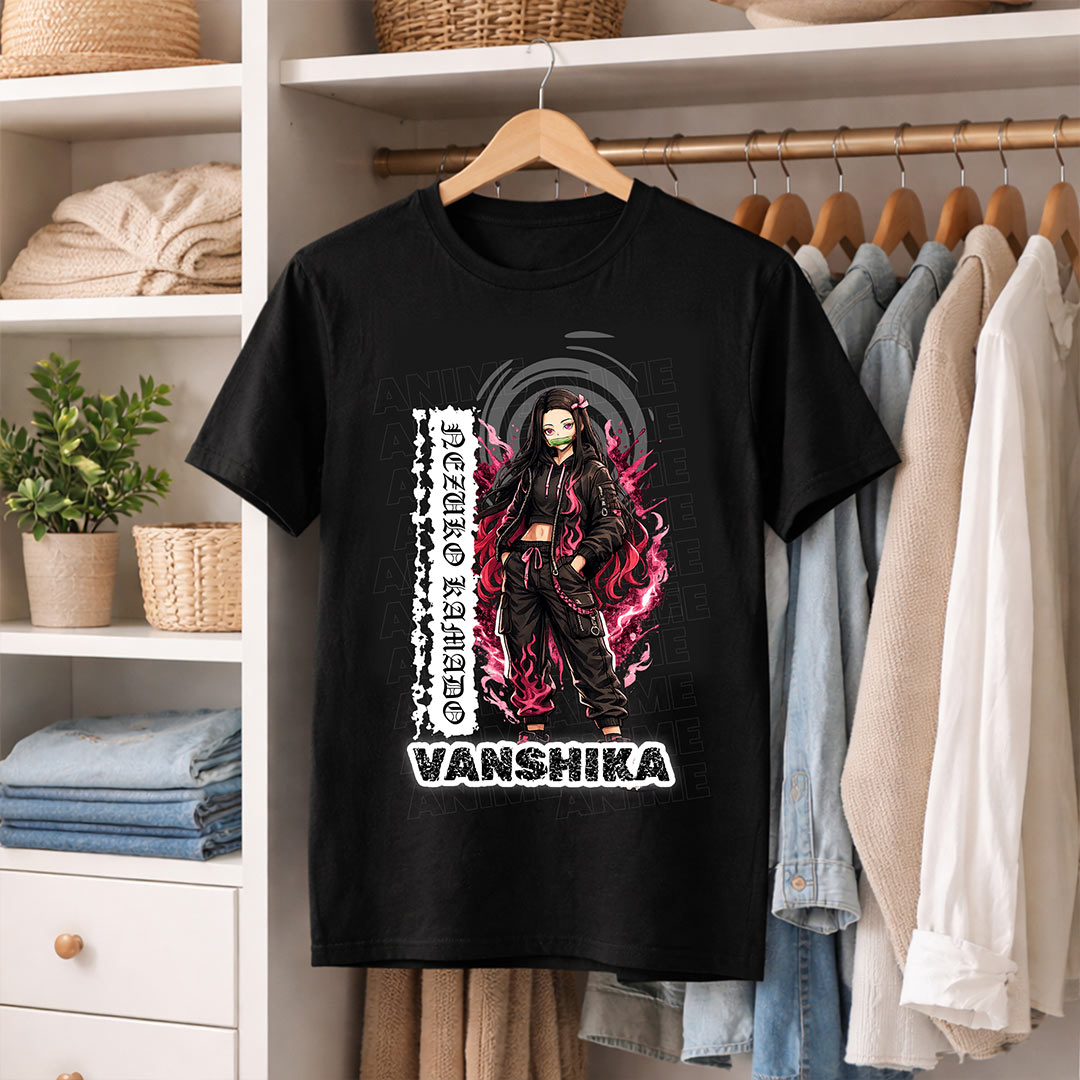 Personalized Nezuko Anime Name T-Shirt for Women – Custom Printed Black Tee | Love Craft Gifts
