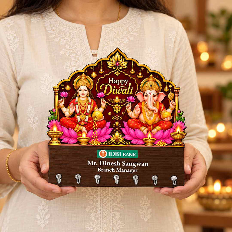 Wooden Lakshmi Ganesha Key Holder 9x10" with Happy Diwali Design | Love Craft Gifts™