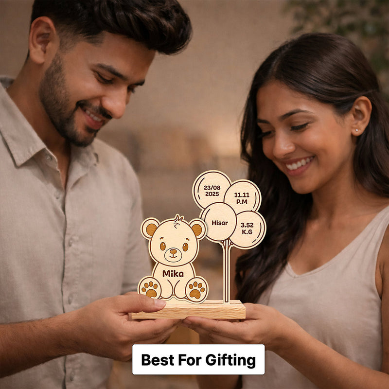 Personalized Wooden Teddy Bear Baby Birth Details Plaque | Custom Newborn Keepsake Gift for Baby Boy, Baby Girl & Parents - 7x7.5" | Love Craft Gifts™