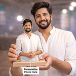 Personalized Cartoon Acrylic Photo Stand for Men with Wooden Base – Custom Picture Cutout Table Top Gift (7x4 Inch) | Love Craft Gifts