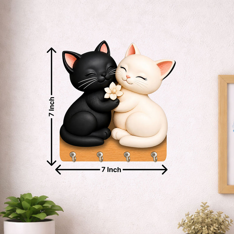 Cute Cat Couple Wooden Key Holder Wall Decor | Adorable Home Organizer Gift for Cat Lovers & Couples - 7x7" | Love Craft Gifts™