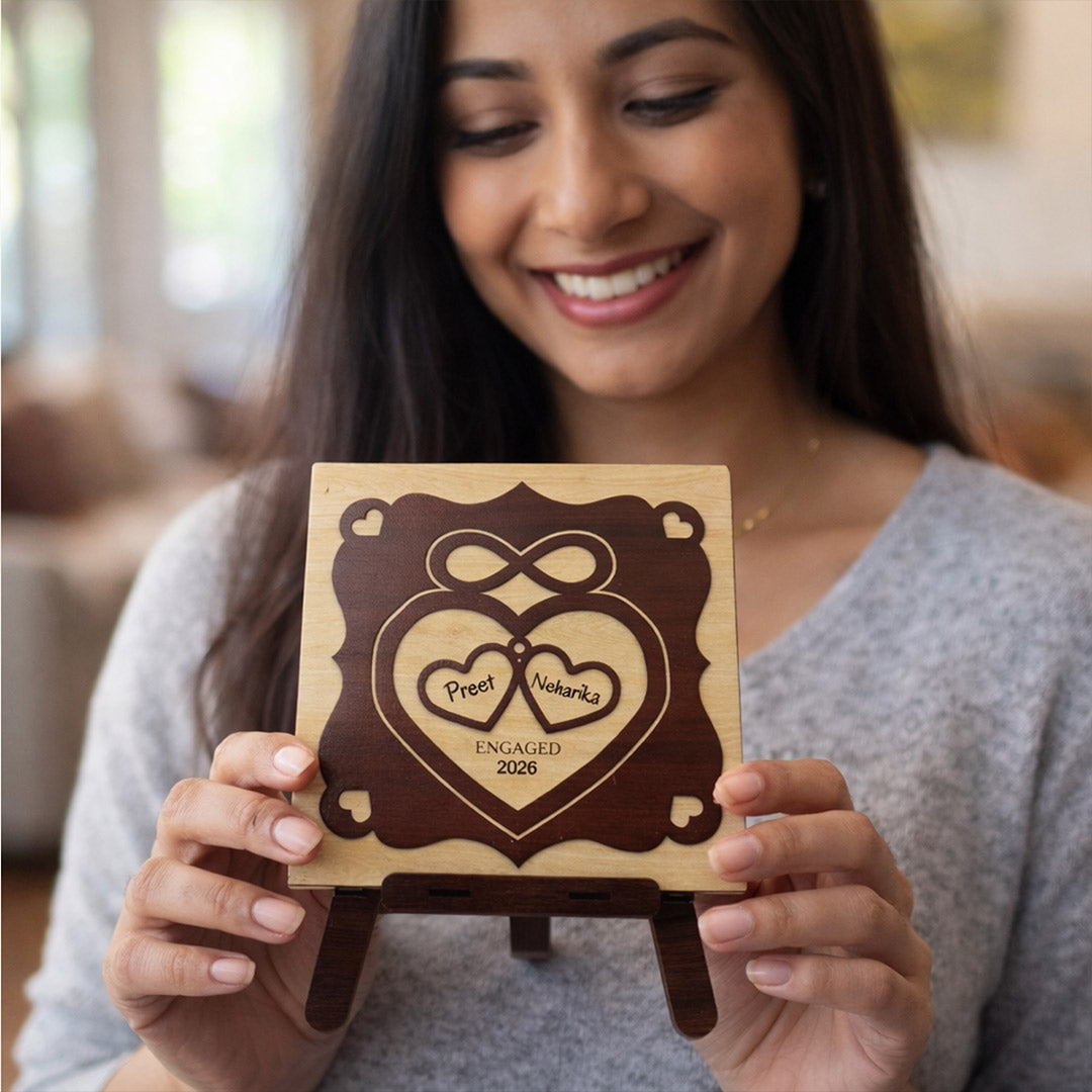 Personalized Wooden Engagement Name Plaque – Custom Couple Name & Date Table Top Frame (8×8 Inch) | Love Craft Gifts
