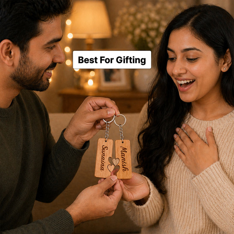 Personalized Couple Wooden Keychain 2.5x2 Inch | Custom Name Matching Heart Keyring Gift for Couples | Love Craft Gifts™