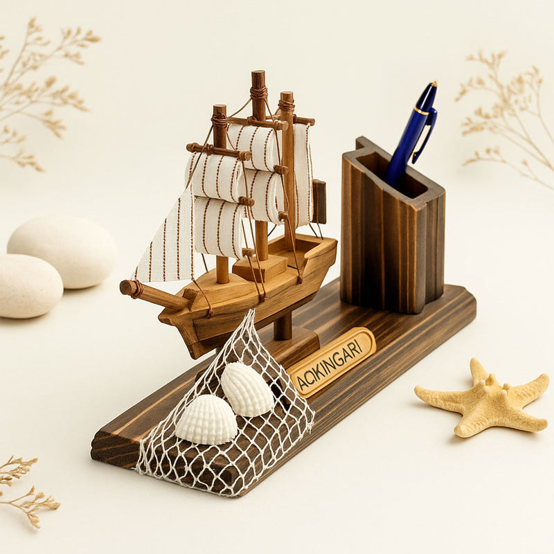 Wooden Ship Pen Stand – Nautical Desk Organizer with Sailboat Design | Love Craft Gifts