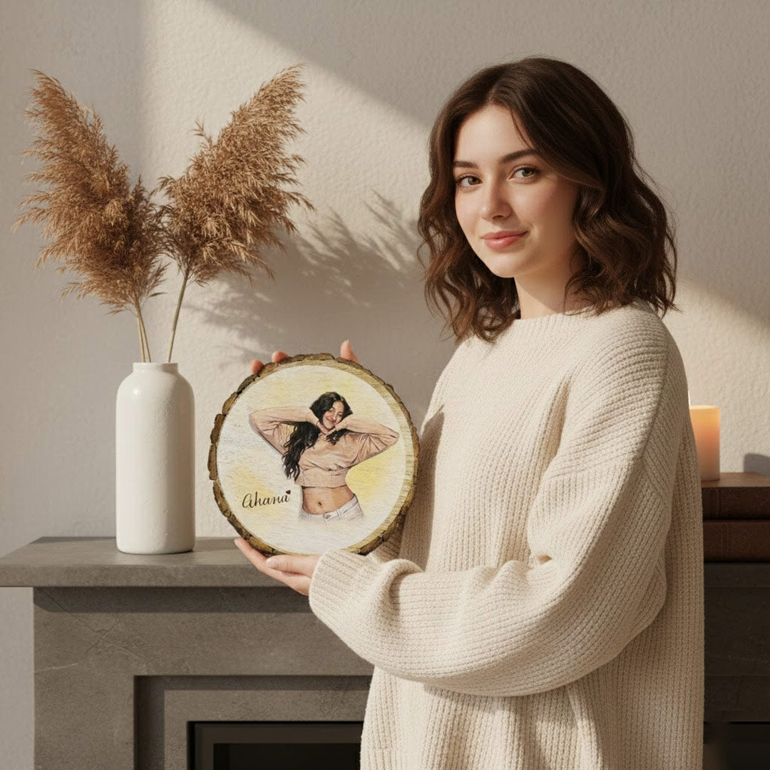 Personalized Wooden Slice (8×8 Inch) with Portrait Art | Love Craft Gifts