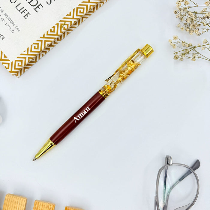 Personalized Pen Transparent Filled With Golden Foil Flakes