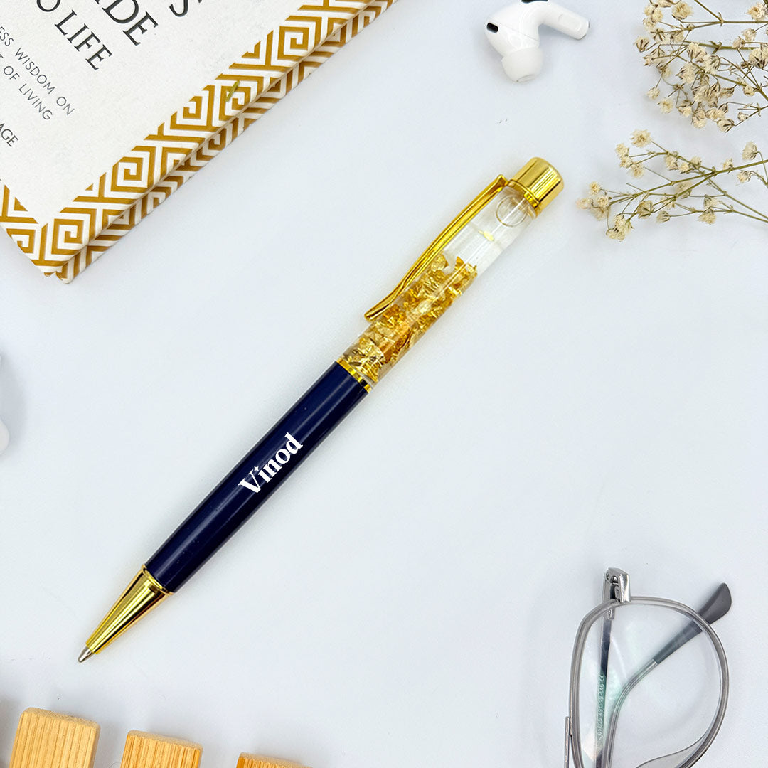 Personalized Pen Transparent Filled With Golden Foil Flakes