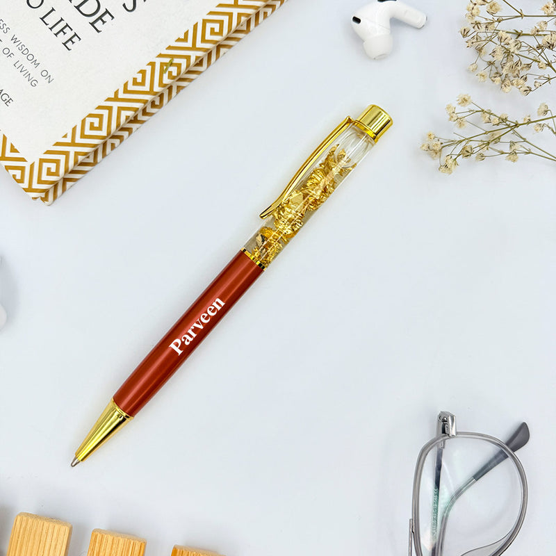 Personalized Pen Transparent Filled With Golden Foil Flakes