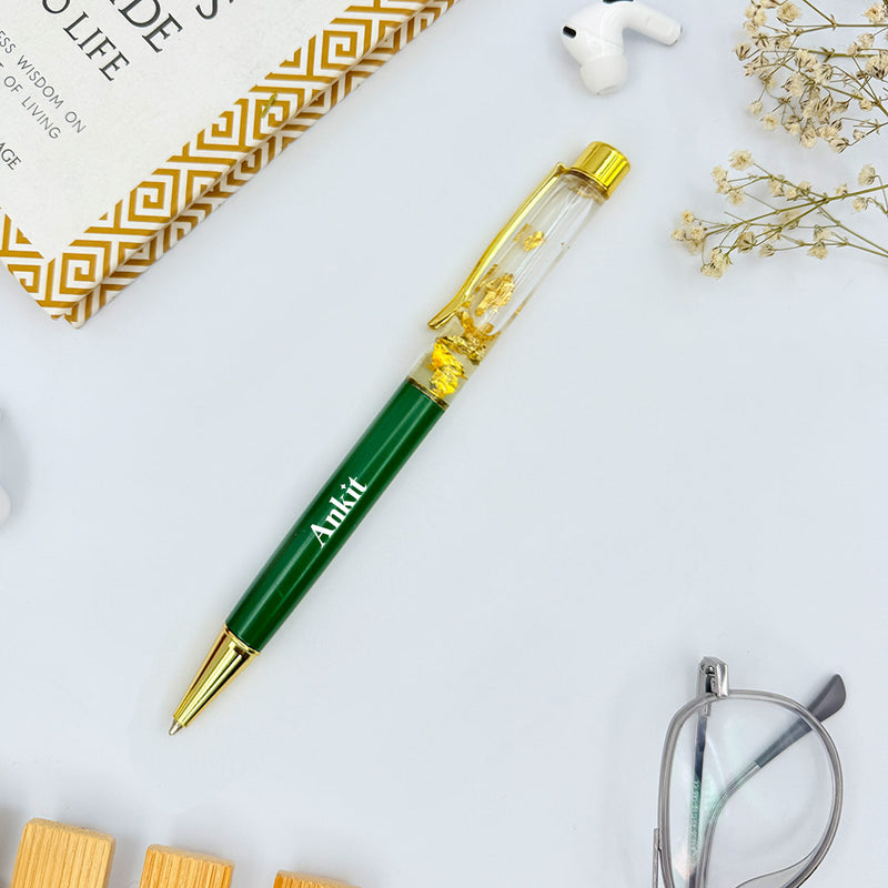 Personalized Pen Transparent Filled With Golden Foil Flakes