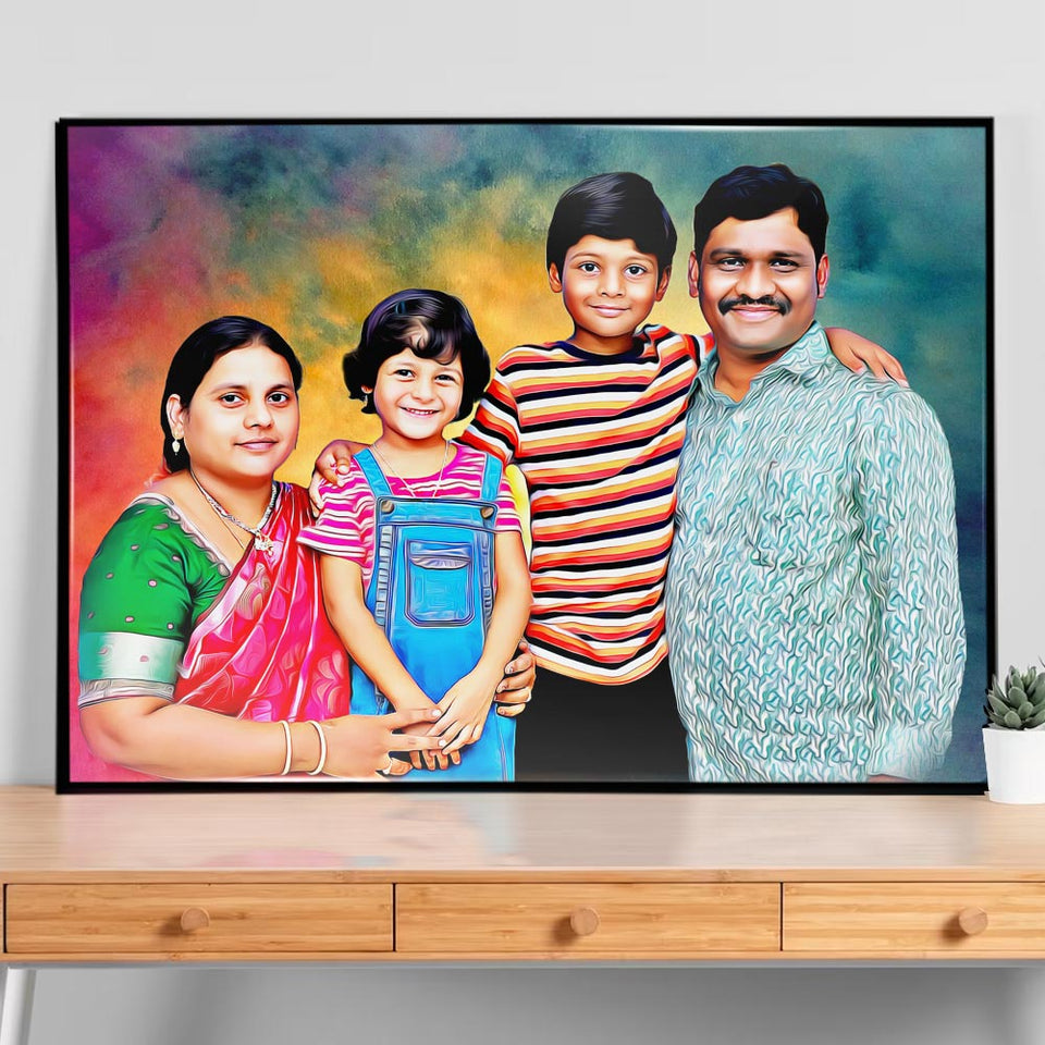Digital Acrylic oil painting of a Family of 4