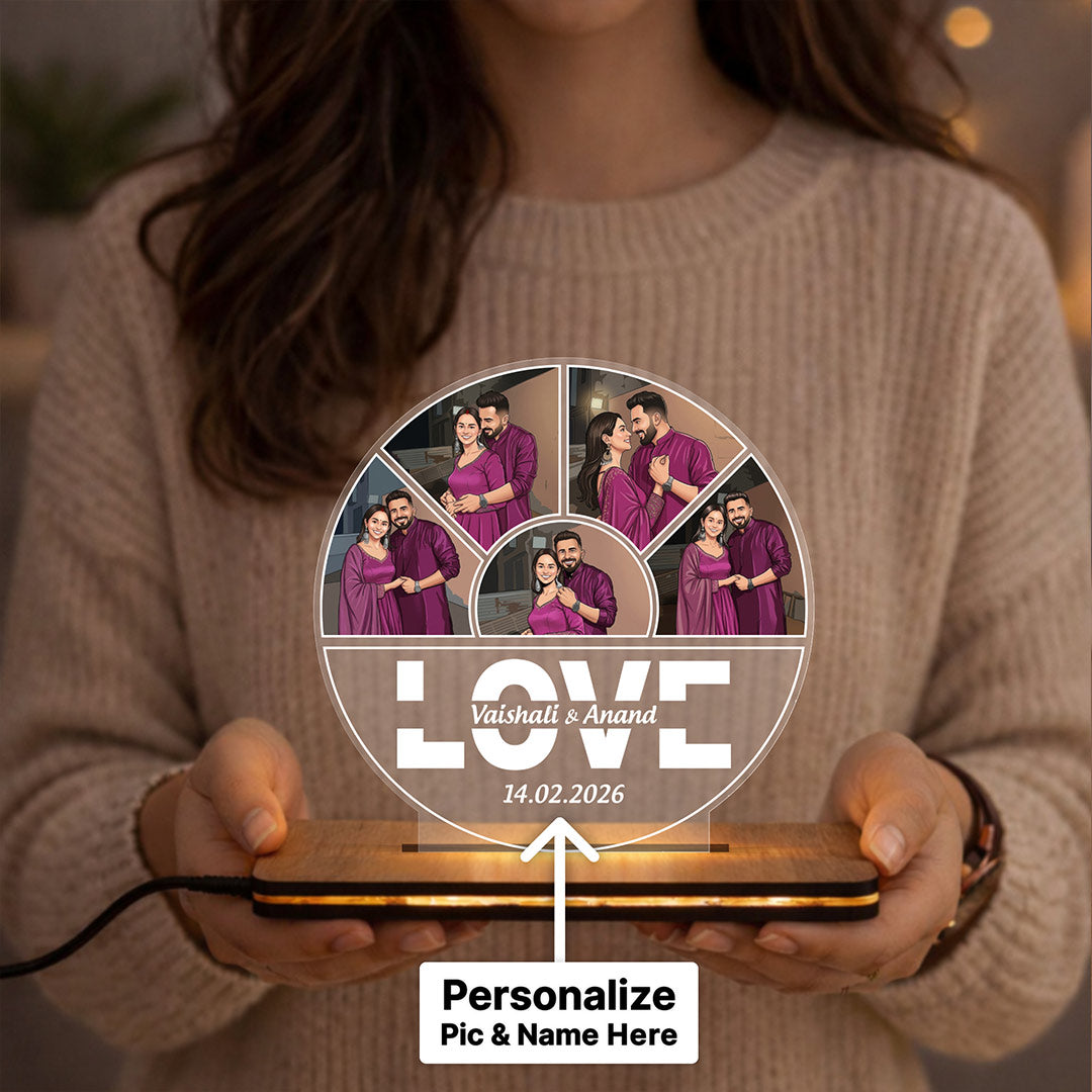 Personalized LED Acrylic Couple Photo Frame Lamp with Name & Date Custom Round Design (8x8 Inch) Romantic Night Lamp Gift for Wife, Husband & Girlfriend | Love Craft Gifts