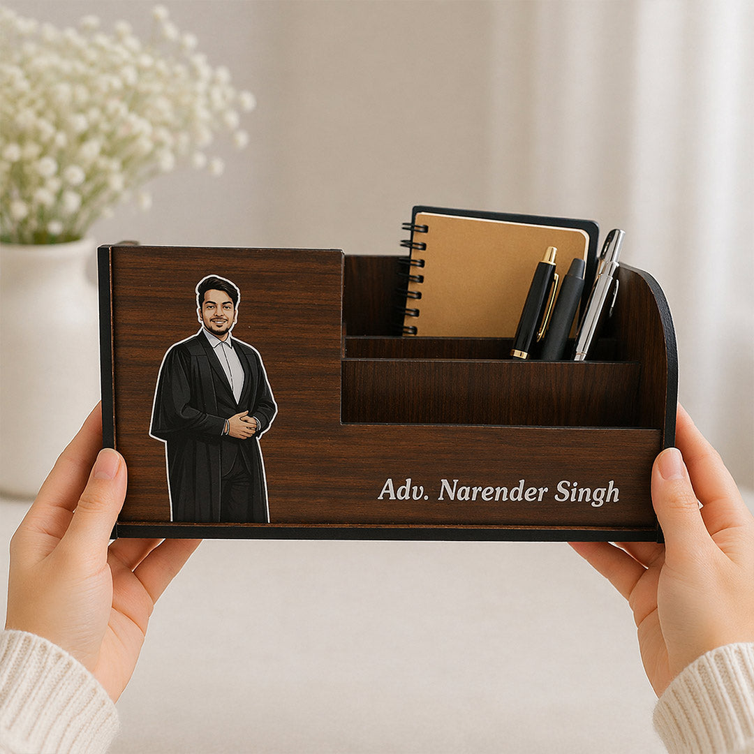 Personalized Advocate Wooden Desk Organizer (7x3 Inch) – Custom Name & Photo Pen Stand Gift | Love Craft Gifts™