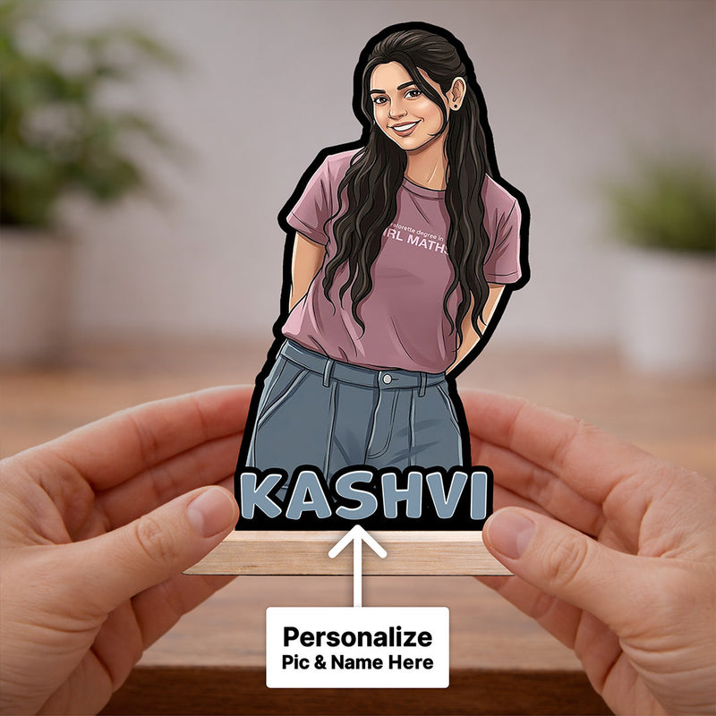 Personalized Cartoon Girl Photo Wooden Table Stand with Name (8 Inch) Custom Portrait Desk Décor Gift for Girlfriend, Sister & Best Friend | Love Craft Gifts