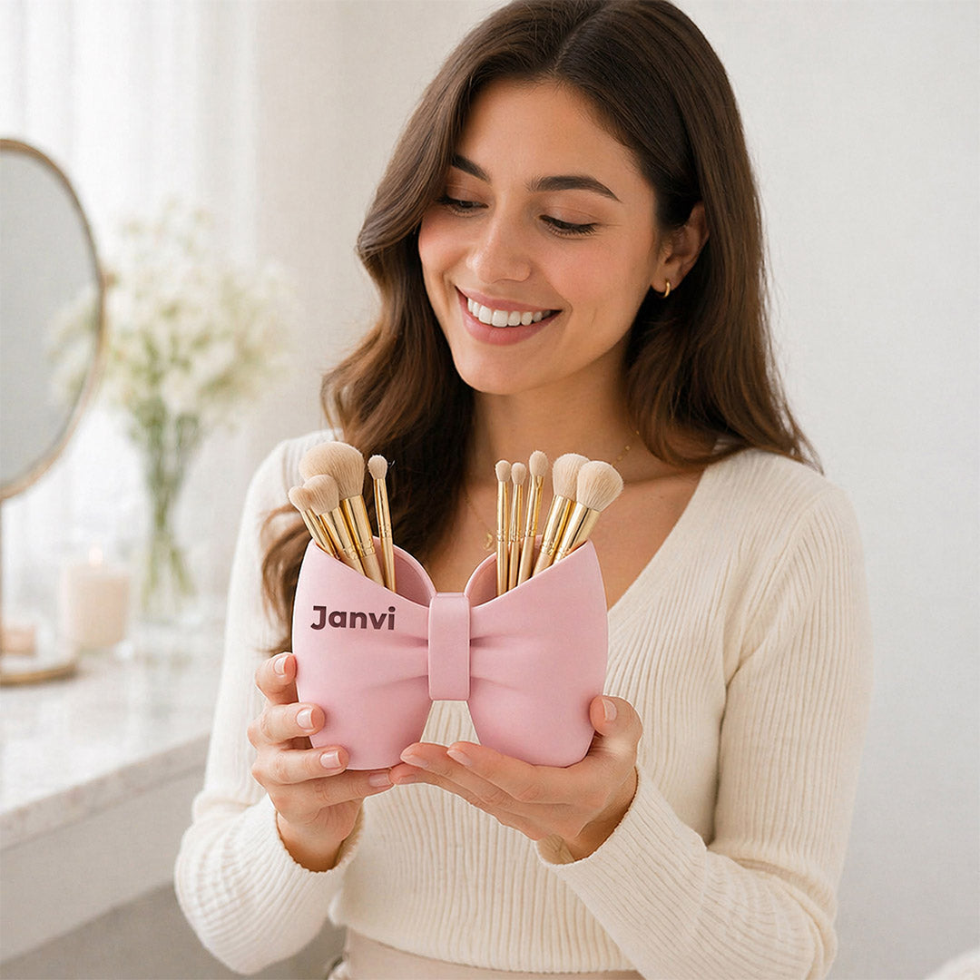 Personalized Bow Makeup Brush Holder Organizer (Standard Size) – Custom Name Vanity Storage Gift | Love Craft Gifts™