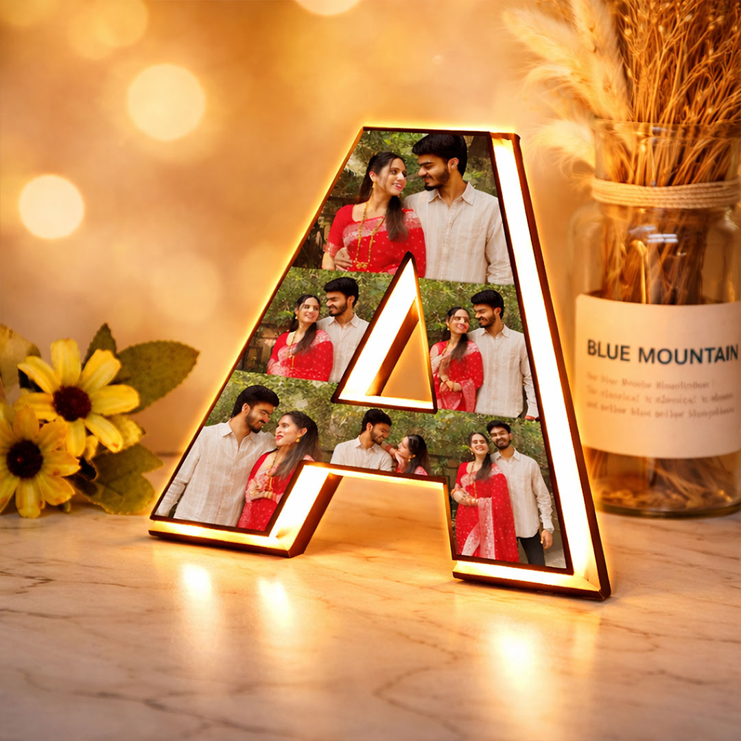 Personalized Alphabet LED Photo Frame (8x8 Inch) Custom Initial Letter Light Frame with Photos Table Top Décor Gift for Couples | Love Craft Gifts