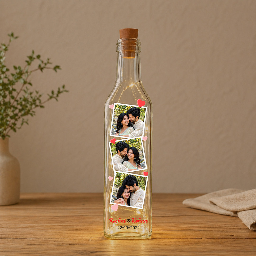 Personalized 3 Photo LED Bottle Lamp (Standard Size) – Custom Couple Memory Light with Name & Date | Love Craft Gifts™