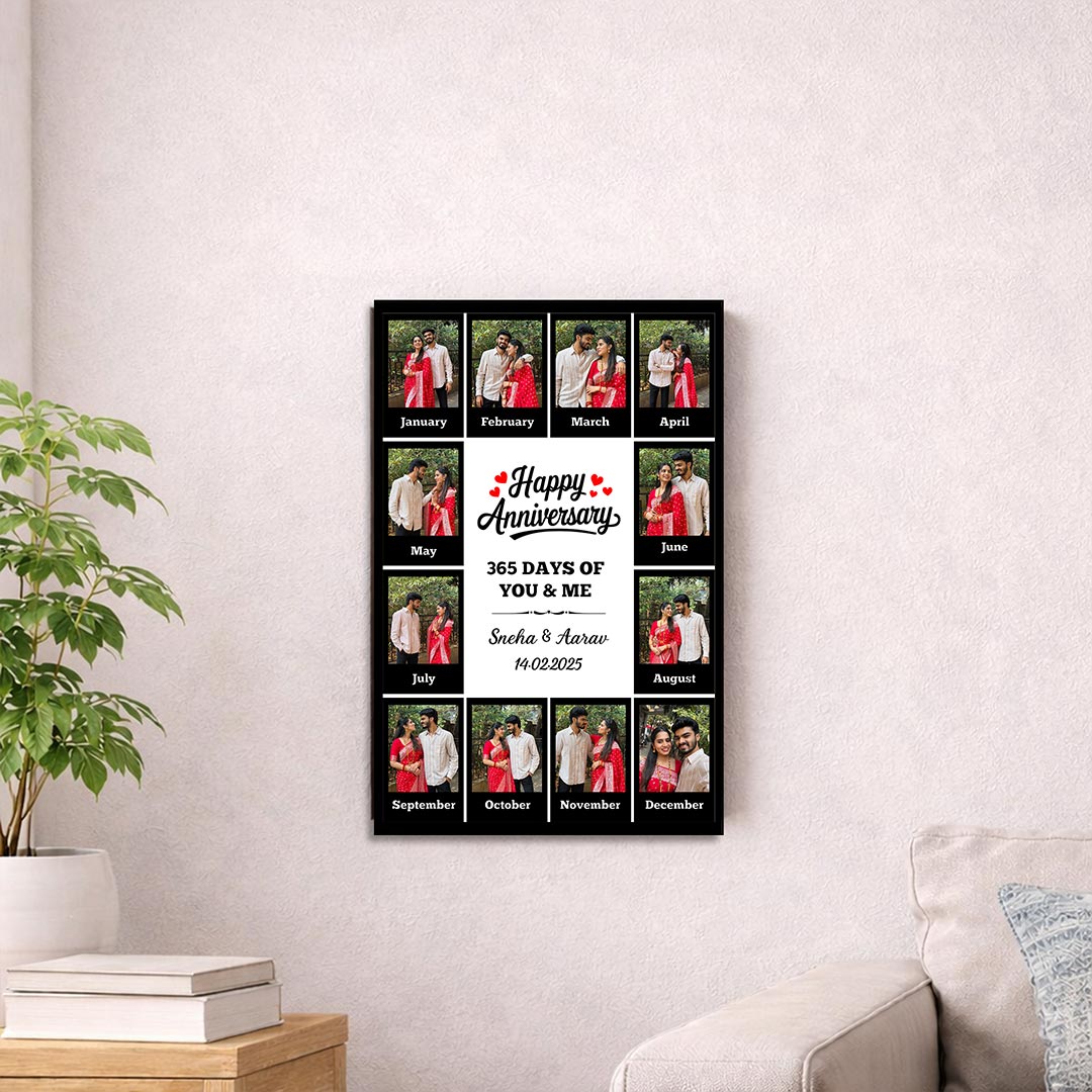 Personalized 365 Days Anniversary Photo Frame – Custom Monthly Couple Collage Frame (12x8 Inch) | Love Craft Gifts