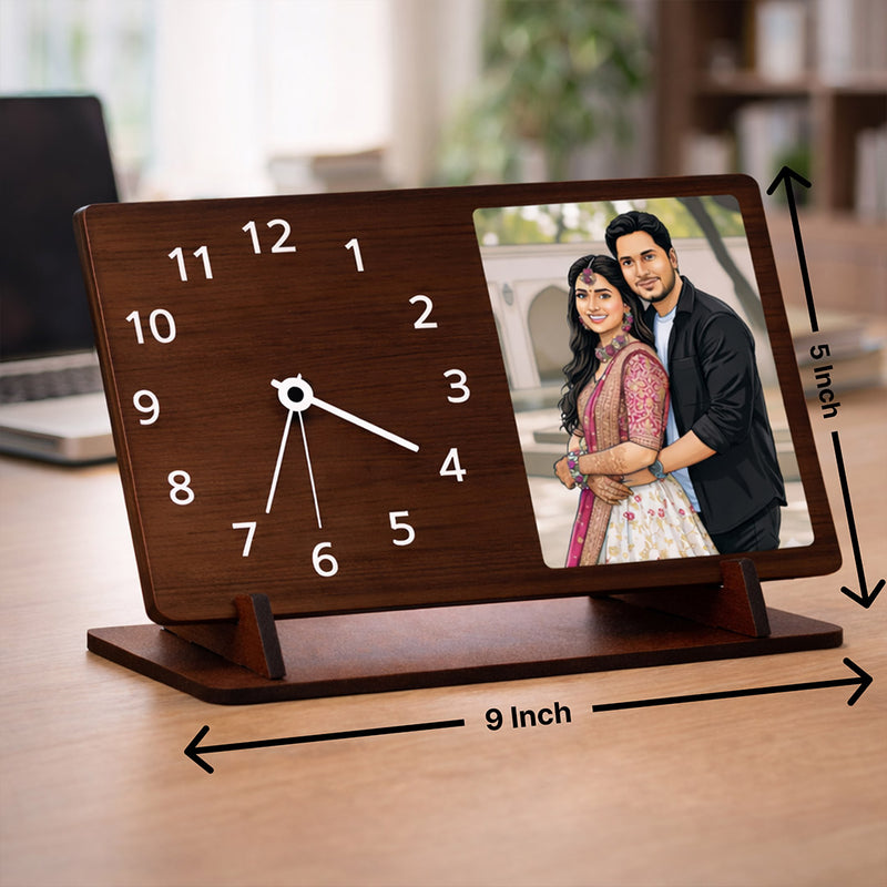 Personalized Wooden Desk Clock with Custom Photo Print (9x5 Inch) Table Top Clock with Photo Frame Gift for Couple, Husband & Wife | Love Craft Gifts