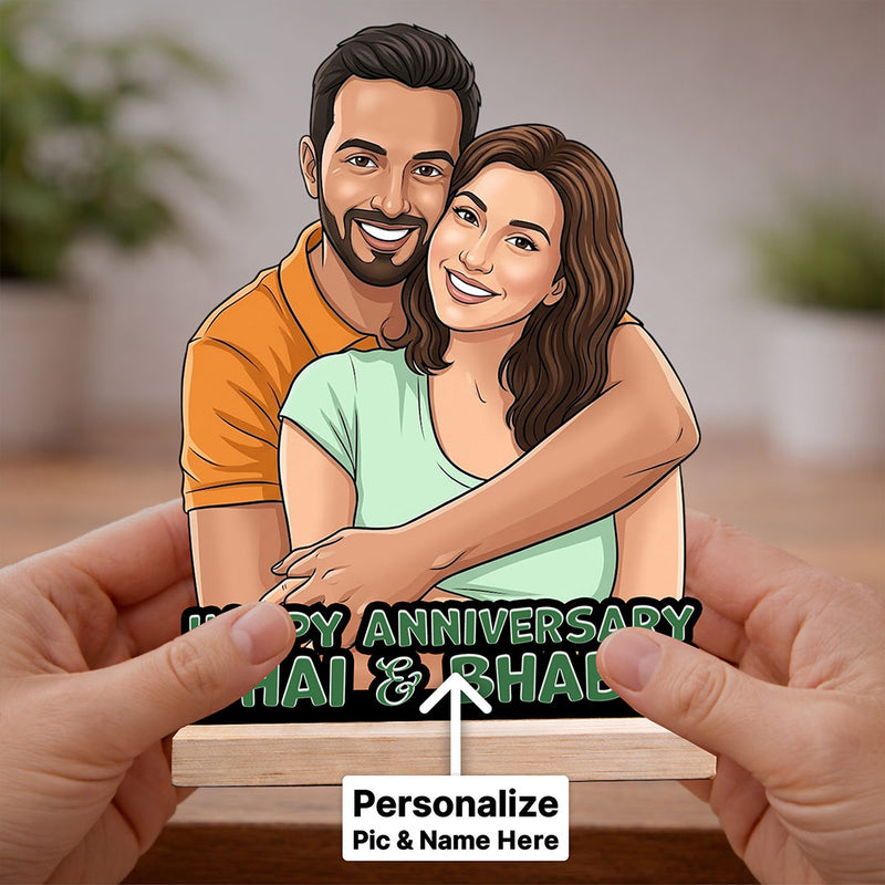 Personalized Anniversary Cartoon Wooden Table Stand – Custom Photo Cutout Gift for Bhai & Bhabhi (6x8 Inch) | Love Craft Gifts™