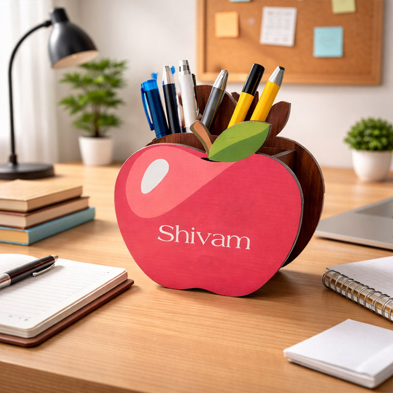Personalized Apple Shape Wooden Pen Stand (4x4.5 Inch) Custom Name Desk Organizer Table Top Holder Gift for Kids & Students | Love Craft Gifts