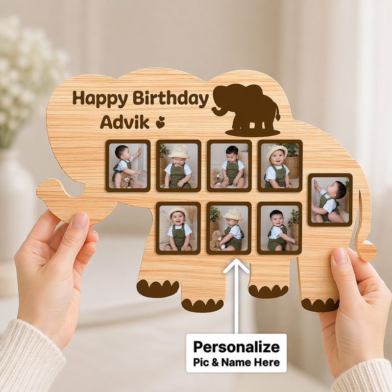 Personalized Elephant Baby Photo Frame – Custom Name Birthday Memory Wooden Wall Frame (18x12 Inch) | Love Craft Gifts™
