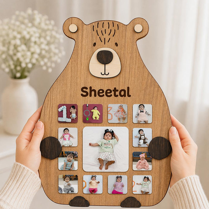 Personalized Teddy Baby Monthly Photo Frame – Custom Name 12 Month Milestone Wooden Wall Frame (11x16 Inch) | Love Craft Gifts™