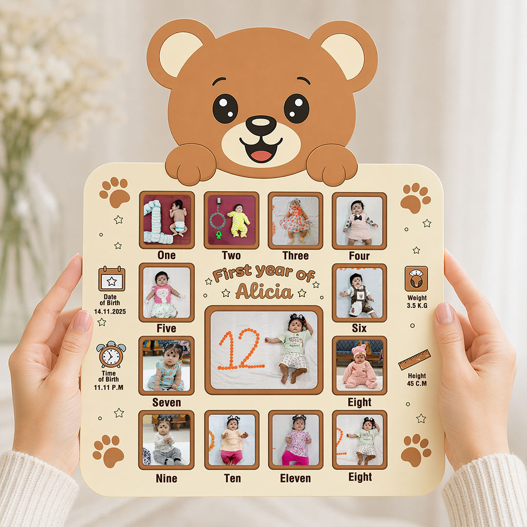Personalized Baby First Year Photo Frame with Teddy Design – Custom Monthly Milestone Collage Wall Frame (11x15 Inch) | Love Craft Gifts™