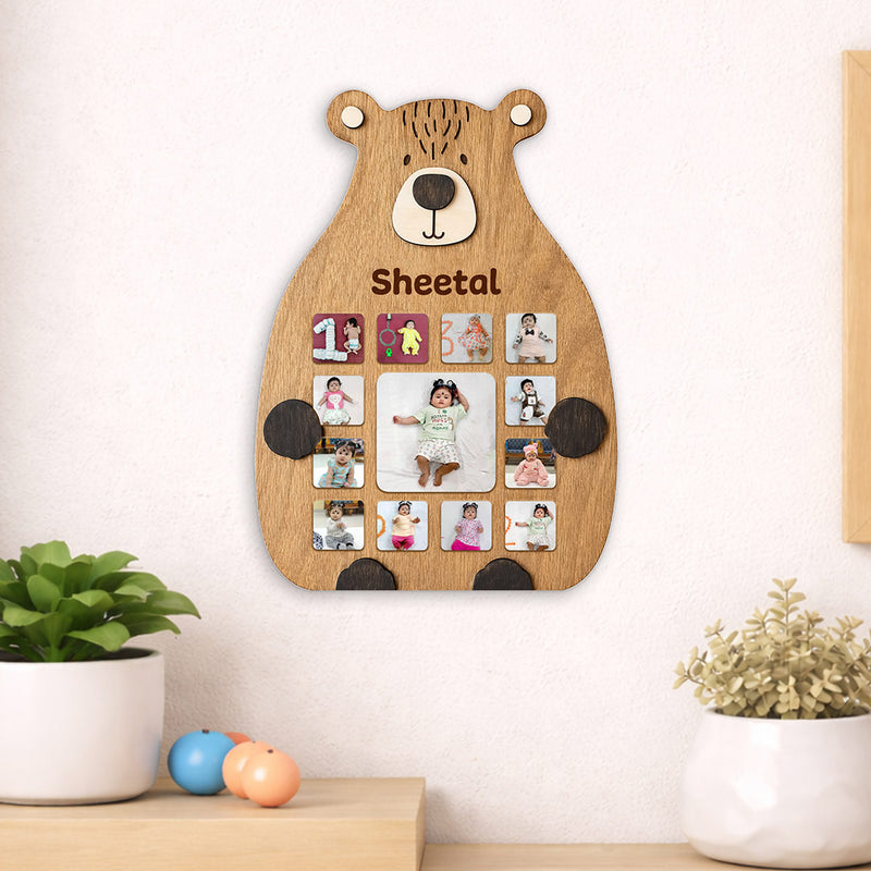 Personalized Teddy Baby Monthly Photo Frame – Custom Name 12 Month Milestone Wooden Wall Frame (11x16 Inch) | Love Craft Gifts™