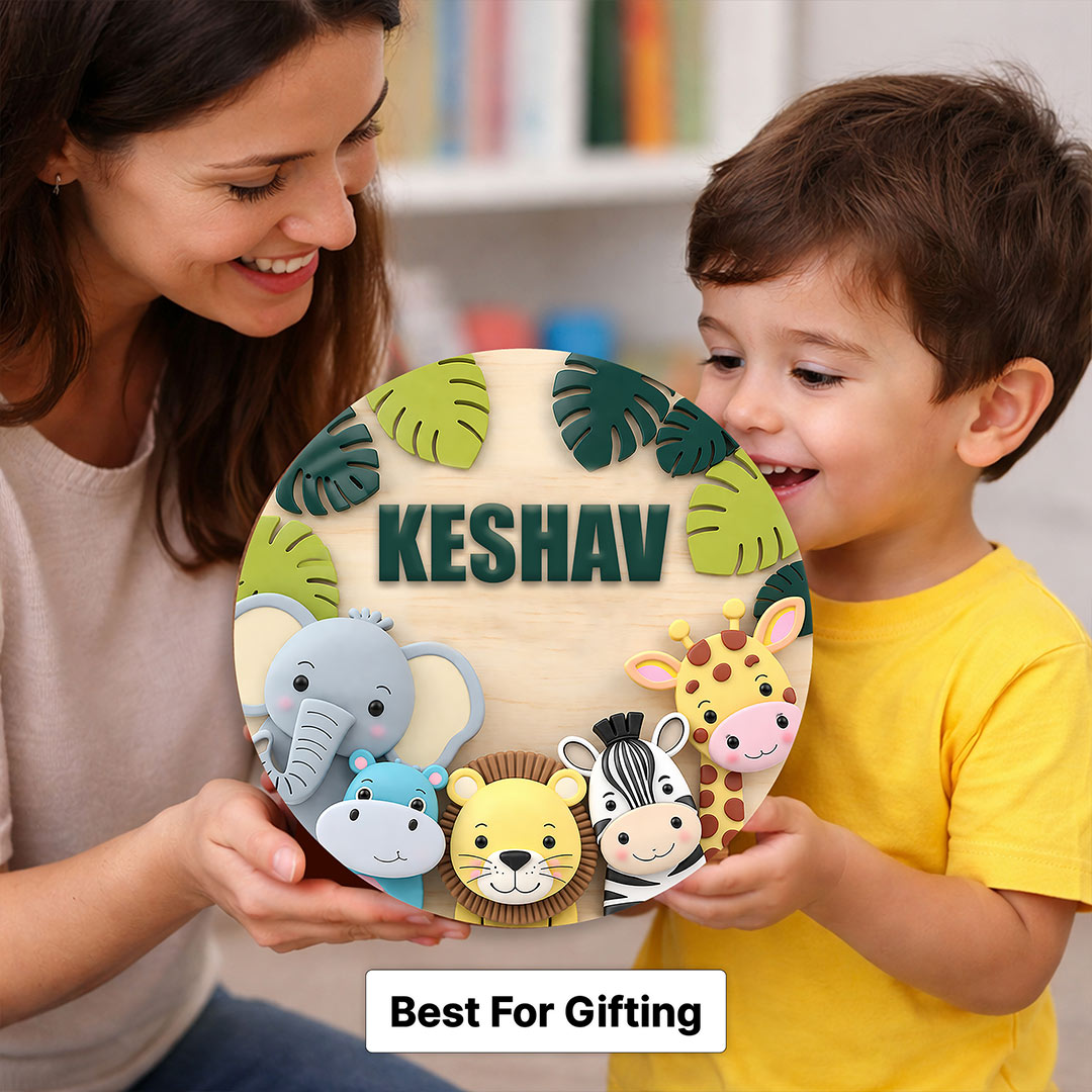 Personalized Kids Name Wooden Door Sign with Cute Animal Theme – Custom Nursery Name Wall Décor (8x8 Inch) | Love Craft Gifts