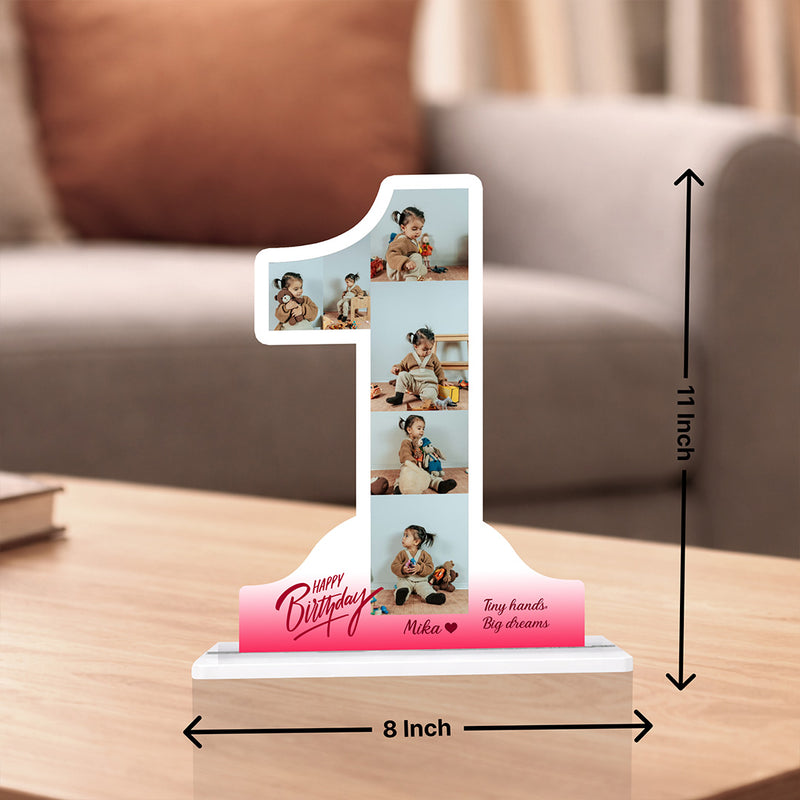 Personalized 1st Birthday Acrylic Photo Stand – Custom Number 1 Multi Photo Table Top with Name & Message (11x8 Inch) Baby Birthday Keepsake Gift | Love Craft Gifts