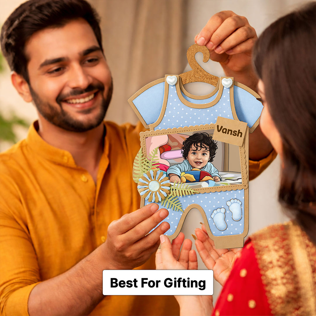 Personalized Baby Outfit Wooden Photo Frame (7x12 Inch) – Custom Name & Photo Hanging Gift | Love Craft Gifts™