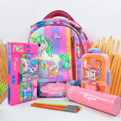 Personalized School Kids Combo - School Bag| Lunch Box | Water Bottle | Geometry| Pencil Box