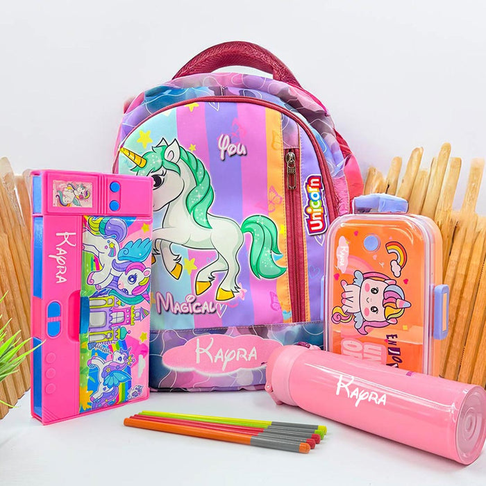 Personalized School Kids Combo - School Bag| Lunch Box | Water Bottle | Geometry| Pencil Box