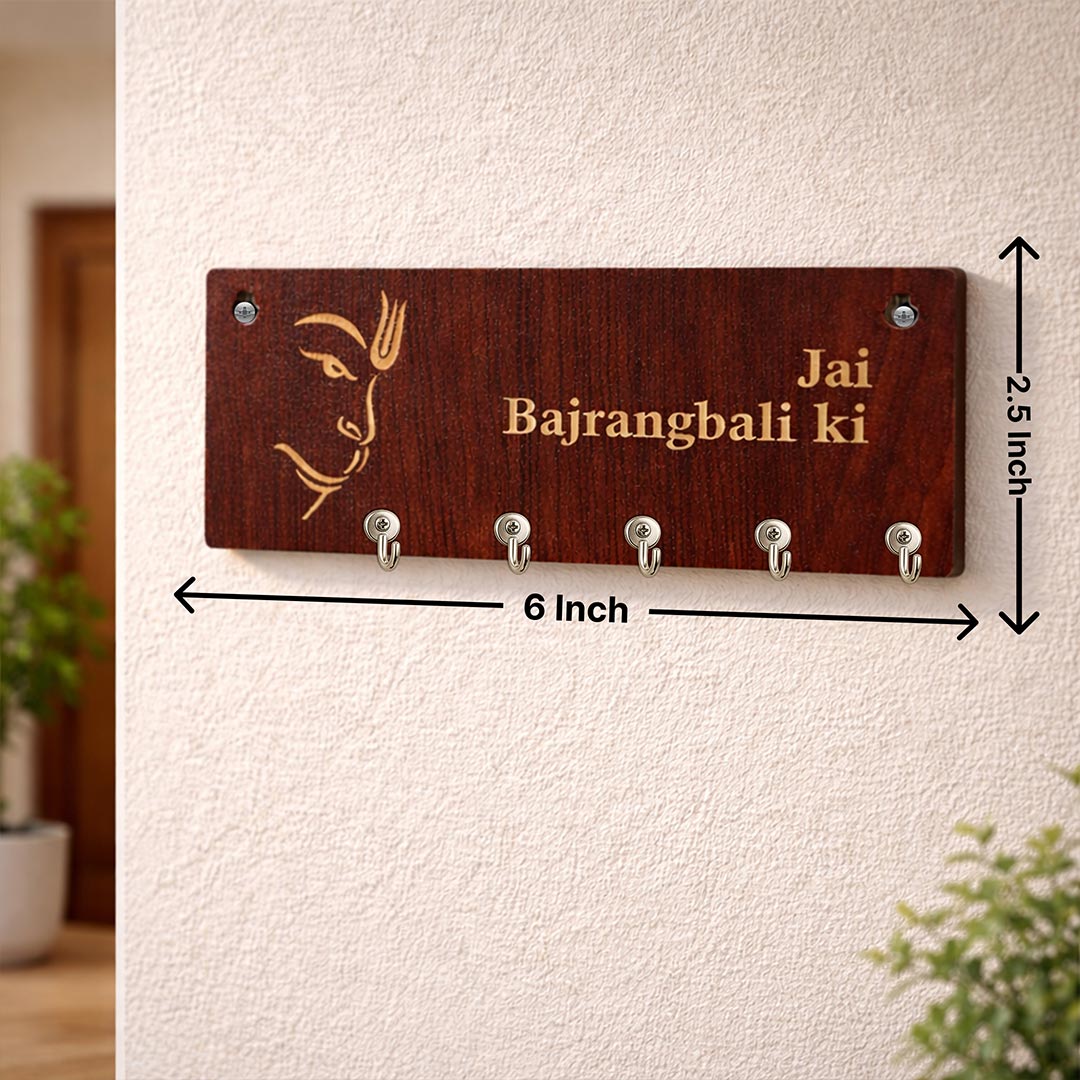 Spiritual wooden key holder with Bajrangbali design to keep your keys organized with divine blessings.