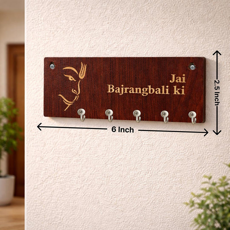 Spiritual wooden key holder with Bajrangbali design to keep your keys organized with divine blessings.