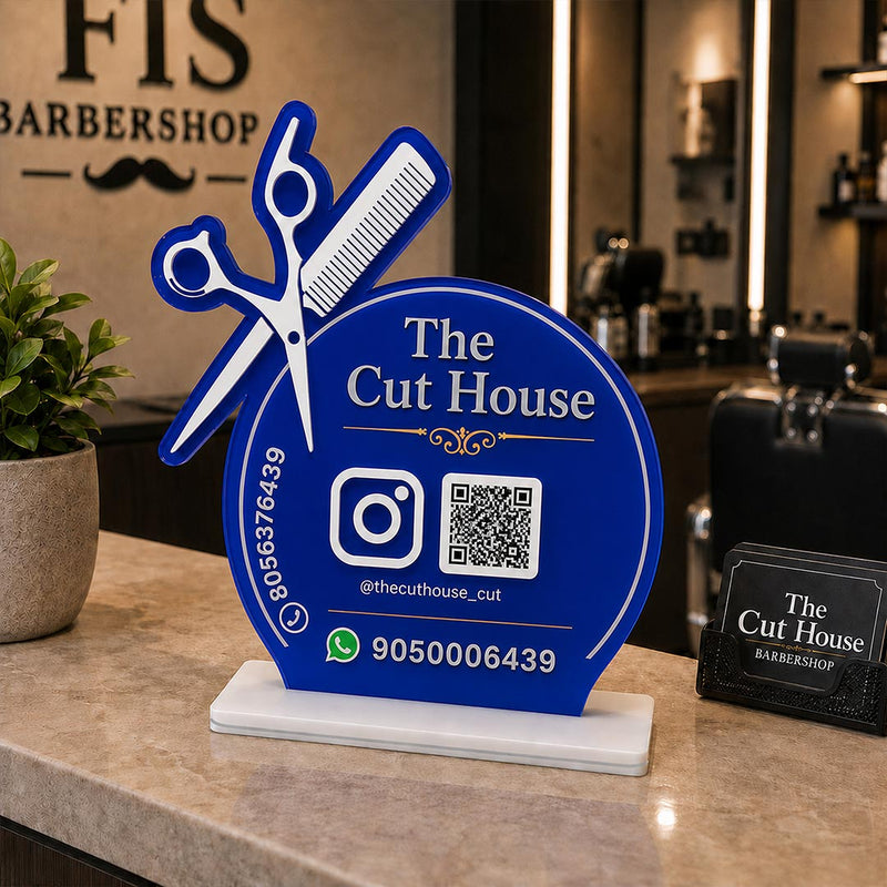 Personalized Barber Shop QR Code Table Stand with Custom Logo & Social Media Details | Business Branding Gift for Salon Owners & Hair Stylists - 8x6" | Love Craft Gifts™