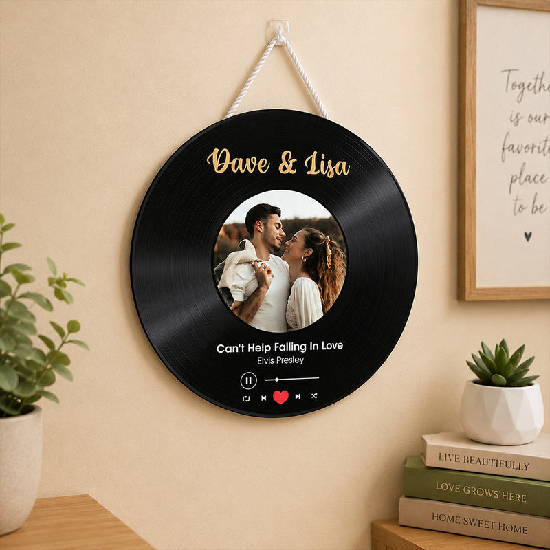 Personalized Wooden Vinyl Record Wall Hanger 8x8 Inch | Custom Photo, Names & Song | Spotify-Inspired Couple Gift | Love Craft Gifts™