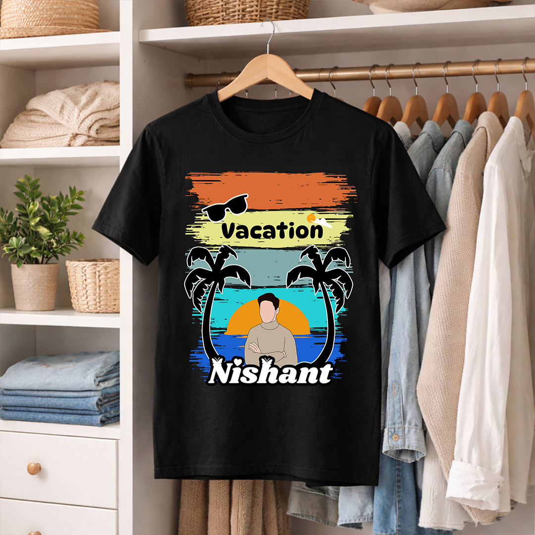 Personalized Vacation Theme Black T-Shirt – Custom Name & Pic Summer Travel Print | Love Craft Gifts
