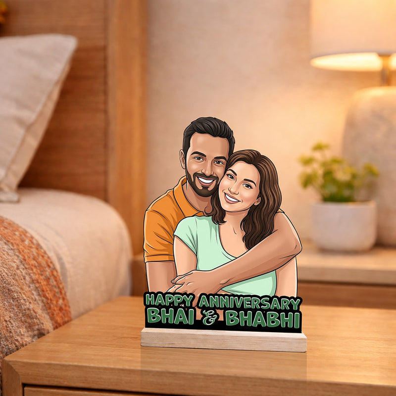 Personalized Anniversary Cartoon Wooden Table Stand – Custom Photo Cutout Gift for Bhai & Bhabhi (6x8 Inch) | Love Craft Gifts™
