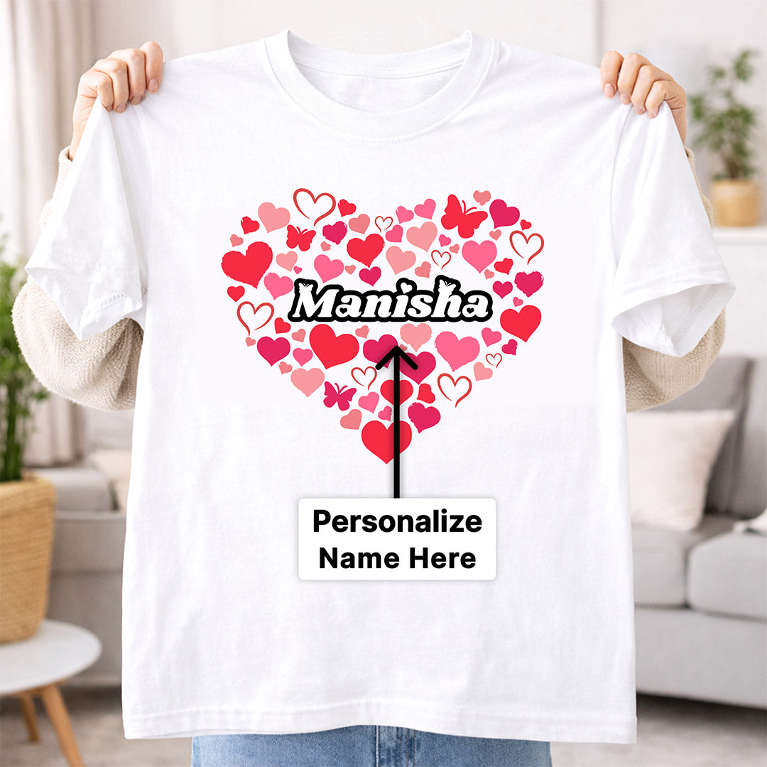 Personalized Heart Name Print White T-Shirt – Custom Love Design Unisex Tee | Love Craft Gifts