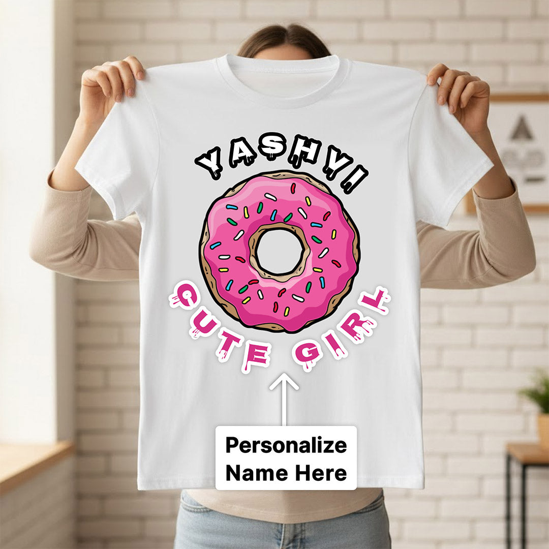 Personalized Donut Girl Name White T-Shirt – Custom Cute Donut Printed | Love Craft Gifts