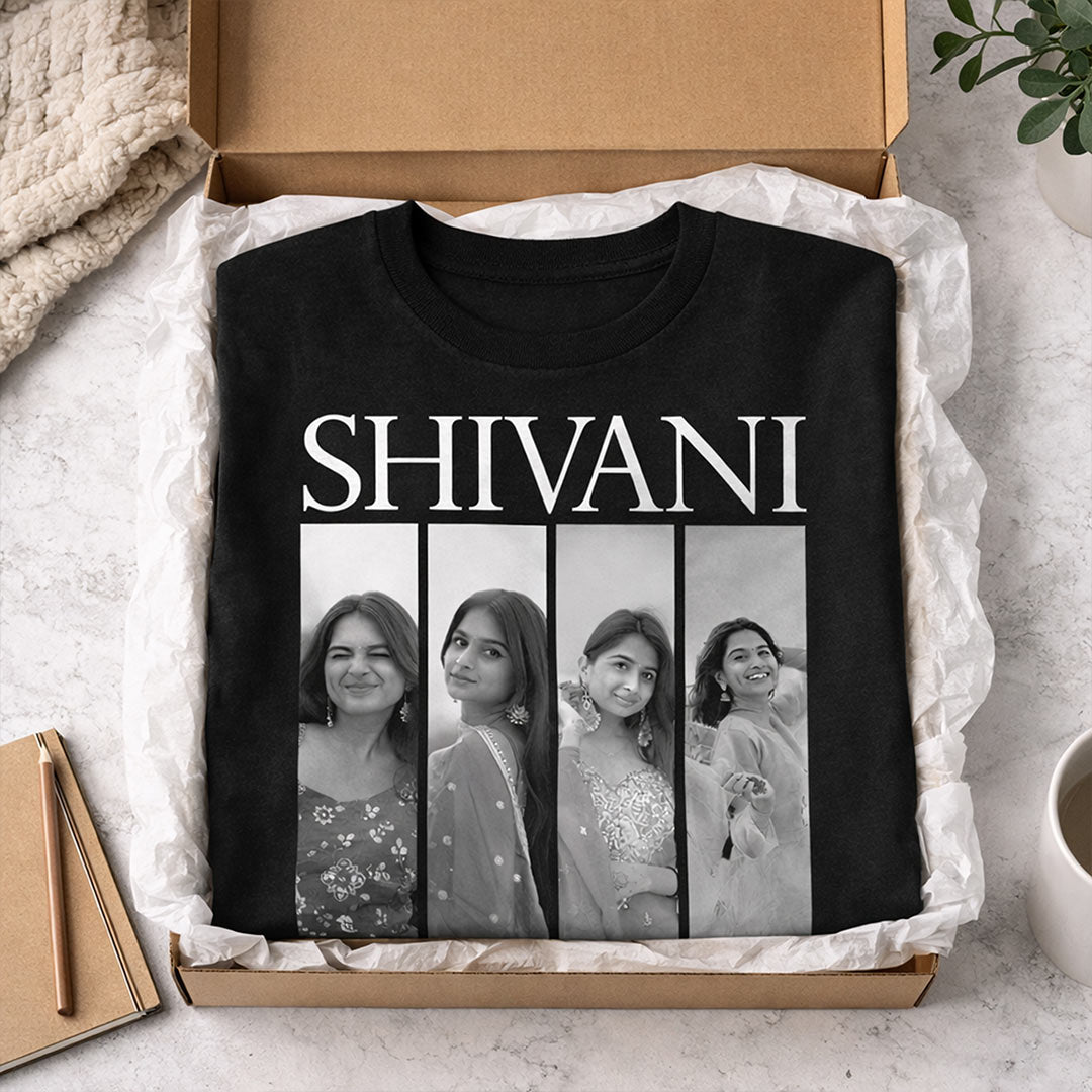 Personalized Name & Photo Collage Black T-Shirt – Custom Memory Print | Love Craft Gifts