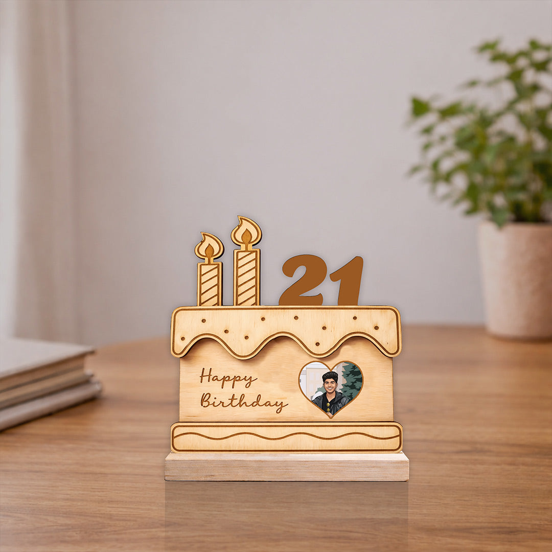 Personalized Birthday Cake Wooden Cutout Stand (6x6 Inch) Custom Photo & Age Table Top Décor Gift | Love Craft Gifts
