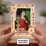 Personalized Birthday Wooden Photo Frame with Floral Design (6x8 Inch) Custom Photo Cartoon Table Top Décor Gift for Girls, Wife & Girlfriend | Love Craft Gifts